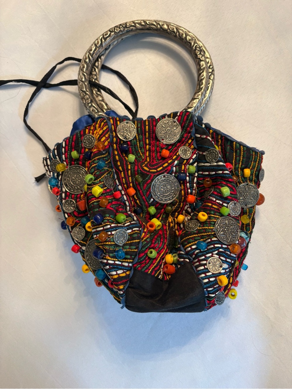 Chico's Multicolor Embellished Boho Shoulder Bag with Silver-Tone Ring Handles